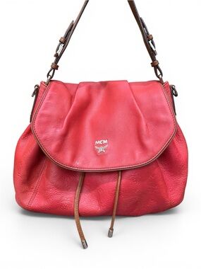 Vintage MCM Coral Red Leather Drawstring Shoulder Bag Visetos Embossed Logo